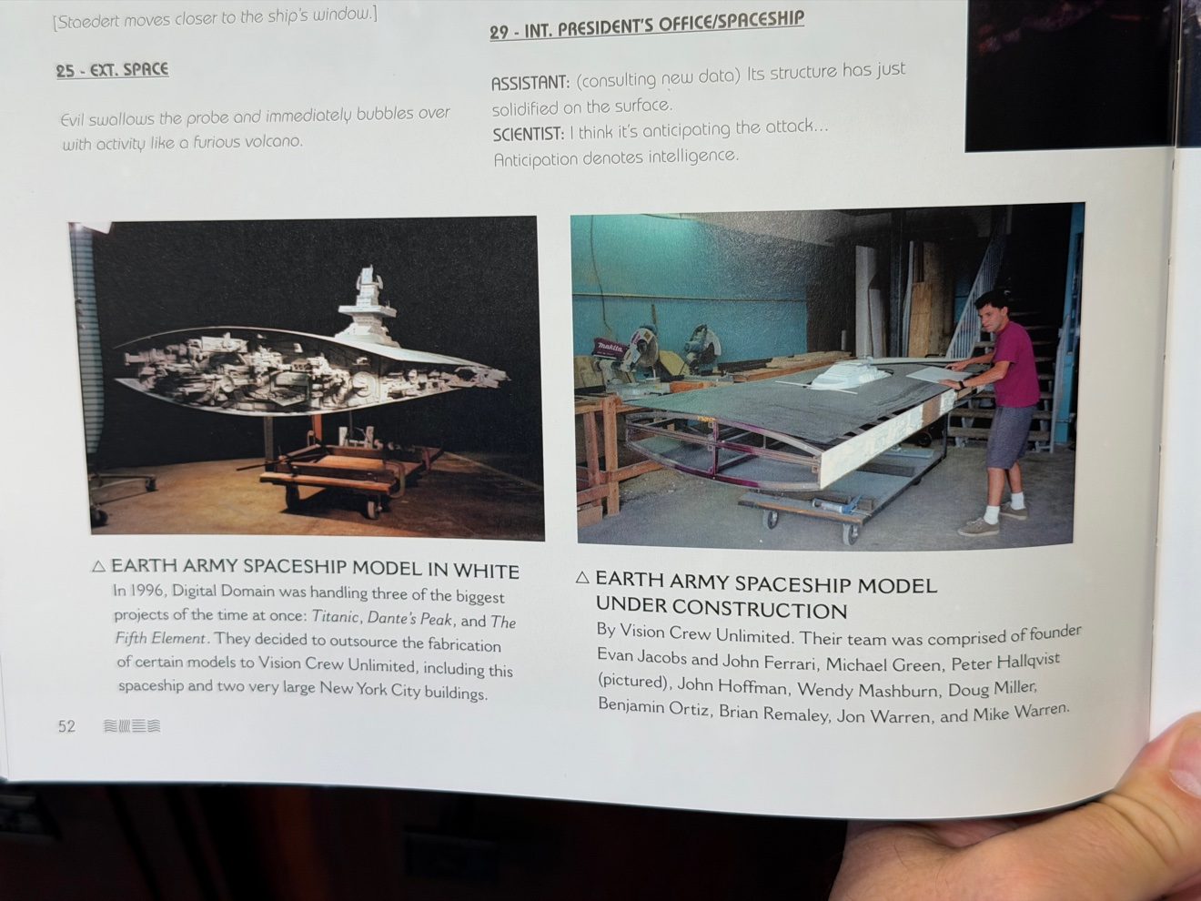 Page 52 of The Fifth Element: A Visual Retrospective: the Earth Army spaceship model in white, under construction